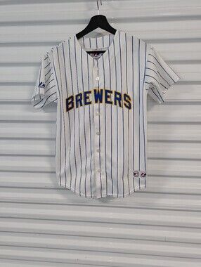Vtg Majestic MLB Milwaukee Brewers#7 Hardy Baseball Jersey Youth L Made in USA